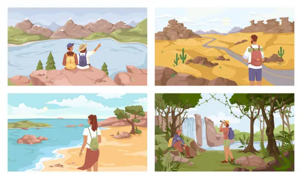 Vector illustration of Travelers on different terrain set, mountains, lake, seashore, jungle, desert. Vector man woman with rucksacks, flat cartoon. Tourists, young explorer travel together. Trekking people with backpack