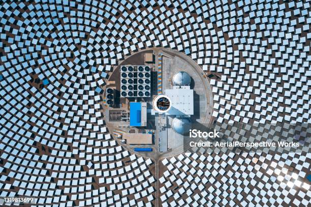 Drone Point View Of Solar And Thermal Panels Stock Photo - Download Image Now - Circle, Fuel and Power Generation, Solar Power Station