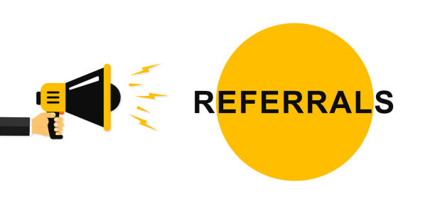 istock Referrals symbol. Mens hands holding a megaphone with referrals speech bubble. Megaphone banner. Speaker. Loudspeaker. Banner for business, marketing and advertising. Vector. EPS 10 1319815116
