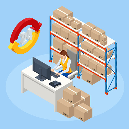 Isometric woman working at computer in on-site office of a warehouse. Staff managing warehouse logistics. Isometric Logistics and Delivery Infographics