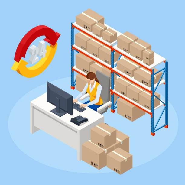Isometric woman working at computer in on-site office of a warehouse. Staff managing warehouse logistics. Isometric Logistics and Delivery Infographics. Isometric woman working at computer in on-site office of a warehouse. Staff managing warehouse logistics. Isometric Logistics and Delivery Infographics warehouse office stock illustrations