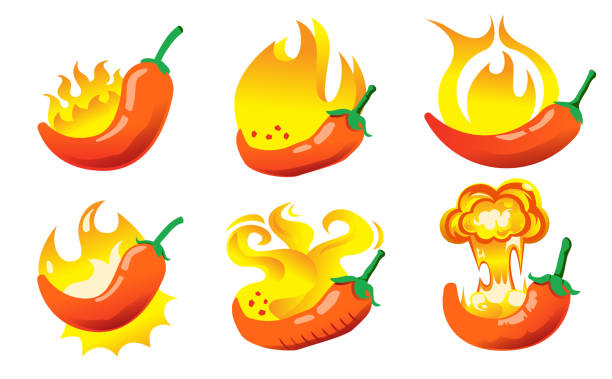 ilustrações, clipart, desenhos animados e ícones de o símbolo ingredientes quentes e perigosos para descrever a irritação feita de pimentão em deliciosos produtos alimentícios. - bomba petrolífera
