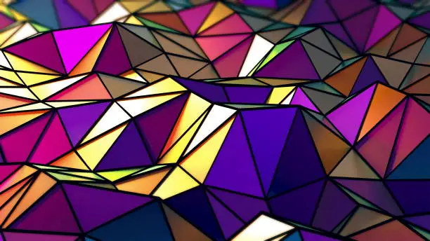 4K 3D illustration of abstract floating rainbow shimmering triangles in a wavy motion. Stylized cartoon surface background. Endless sharp lowpoly stained glass field with black outlined edges.