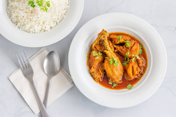 Authentic Indian Chicken Curry with Rice Top Down Photo on White Background stock photo