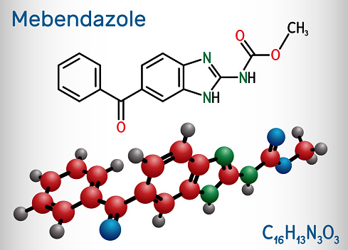 Mebendazole, MBZ molecule. It is synthetic benzimidazole derivate and anthelmintic drug. Structural chemical formula and molecule model. Vector illustration