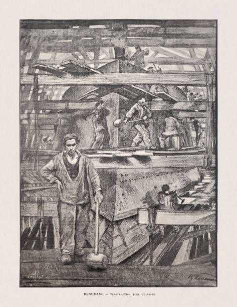 bir savaş gemisi inşa eden cephanelikteki bir işçinin illüstrasyonu - arsenal stock illustrations