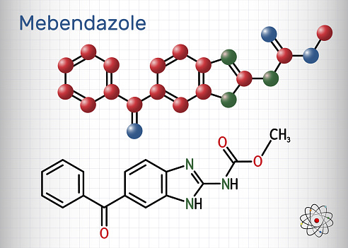 Mebendazole, MBZ molecule. It is synthetic benzimidazole derivate and anthelmintic drug. Structural chemical formula and molecule model. Sheet of paper in a cage. Vector illustration