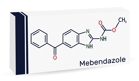 Mebendazole, MBZ molecule. It is synthetic benzimidazole derivate and anthelmintic drug. Skeletal chemical formula. Paper packaging for drugs. Vector illustration