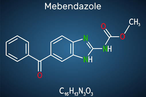 Mebendazole, MBZ molecule. It is synthetic benzimidazole derivate and anthelmintic drug. Structural chemical formula on the dark blue background. Vector illustration