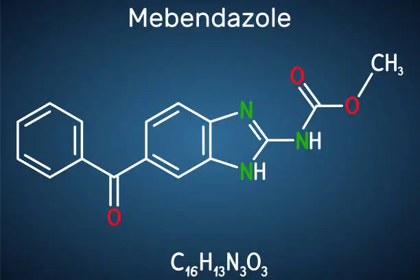 Vector illustration of Mebendazole, MBZ molecule. It is synthetic benzimidazole derivate and anthelmintic drug. Structural chemical formula on the dark blue background