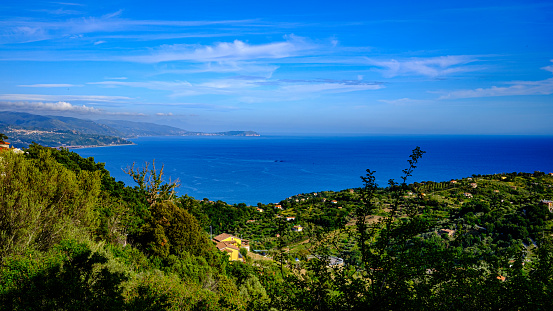 panorama of Cilento, Campania, Italy. Green hills and blue sea, Cilento gulf.