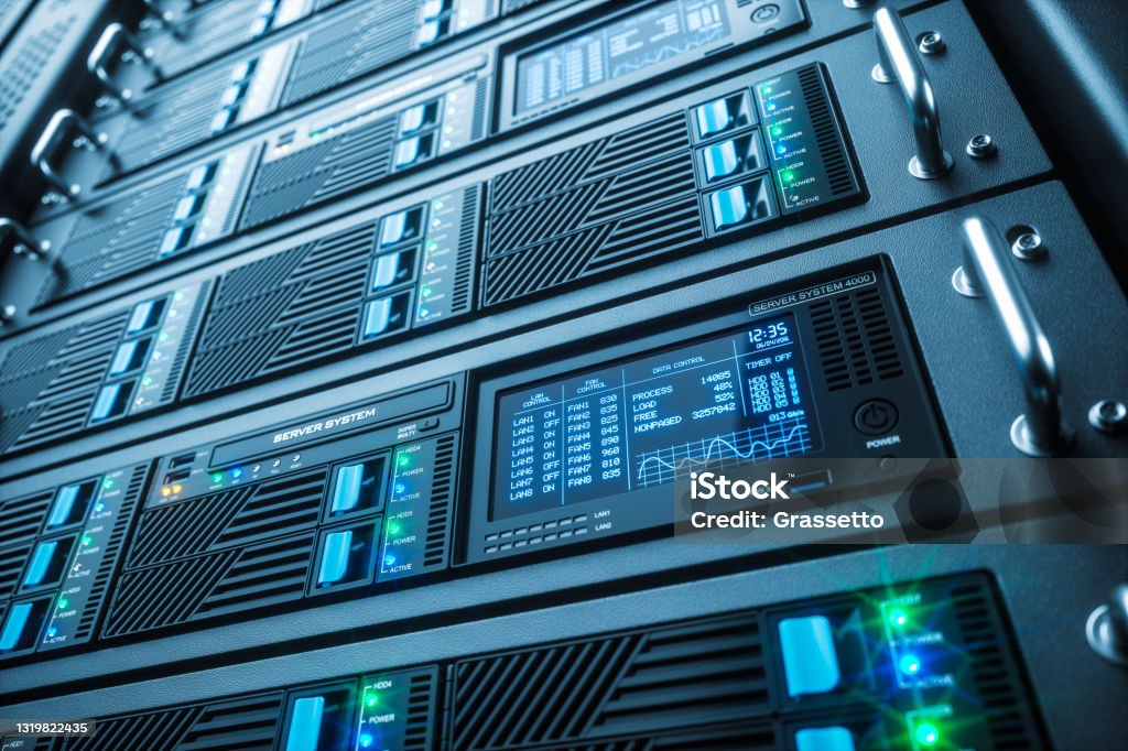 Server rack closeup. Data center. Server rack closeup. Data center. 3D render Network Server Stock Photo