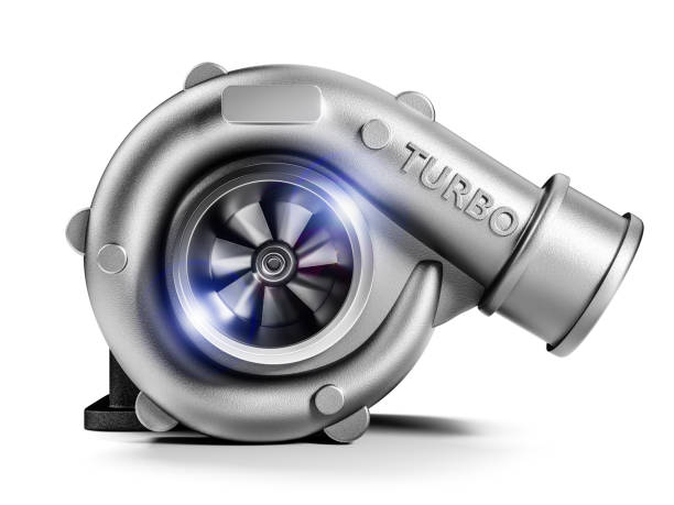 automobil-turbo. turbolader autoteil - metallic engine rendered machine stock-fotos und bilder