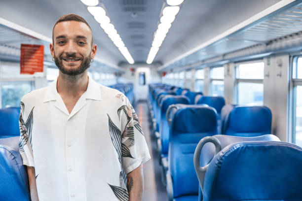 istock Young man portrait inside a passenger train corridor 1319822812