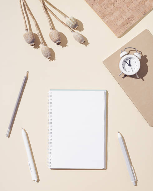 Top view of open notebook with blank pages and small clock, dry plat poppy on table, autumn concept. Creative workspace Top view of open notebook with blank pages and small clock, dry plat poppy on table, autumn concept. Creative workspace neutral beige shades. 3381 stock pictures, royalty-free photos & images