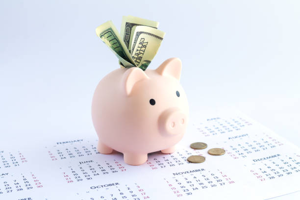 Piggy bank with dollars and coins on calendar, deposit or savings money concept Piggy bank with dollars and coins on calendar. Deposit or savings money concept savings stock pictures, royalty-free photos & images