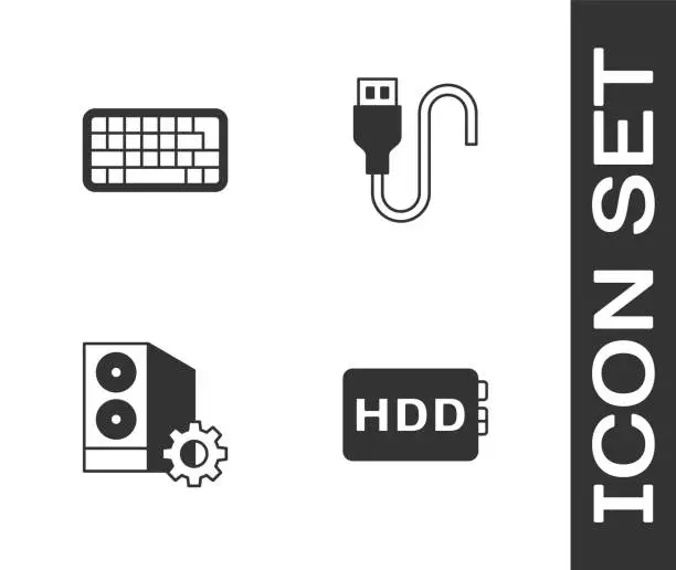 Vector illustration of Set Hard disk drive HDD, Keyboard, Case of computer and USB cable cord icon. Vector