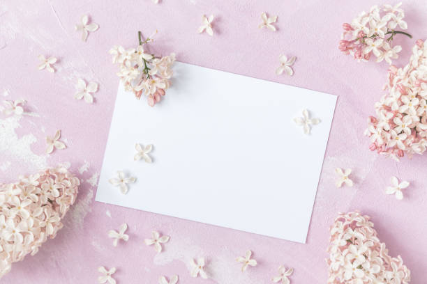 istock White card for text with pink lilac flowers on light pink background, top view with copy space 1319825375