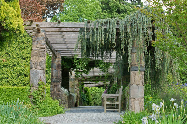 pérgola cubierta. wave hill en la sección hudson hill de riverdale en bronx, nueva york - riverdale the bronx fotografías e imágenes de stock