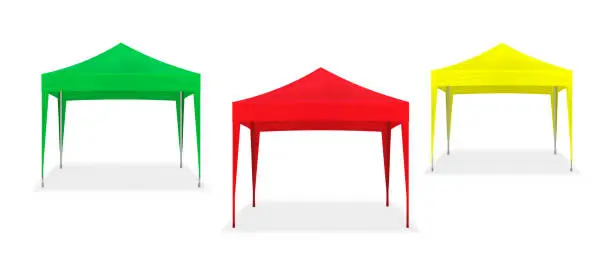 Vector illustration of Pop-up canopy tent. Exhibition show pavilion. Outdoor gazebo. Event marquee. Color set. Green, red, yellow colours. Easy to recolor. Vector template for design