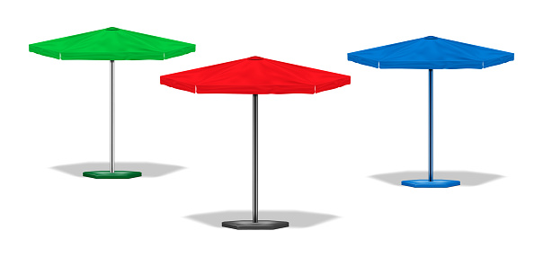 Patio umbrella. Outdoor garden parasol. Beach sunshade. Color set. Green, red, blue colours. Easy to recolor. Realistic vector illustration
