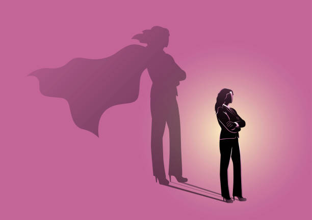 ilustraciones, imágenes clip art, dibujos animados e iconos de stock de un concepto de motivación de super hero shadow leadership - derechos de la mujer ilustraciones