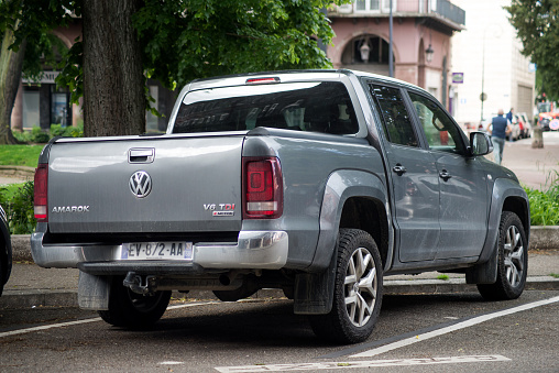 Mulhouse - France - 23 May 2021 - Rear view of grey Volkswagen Amarok pickup V6 TDI parked in the street