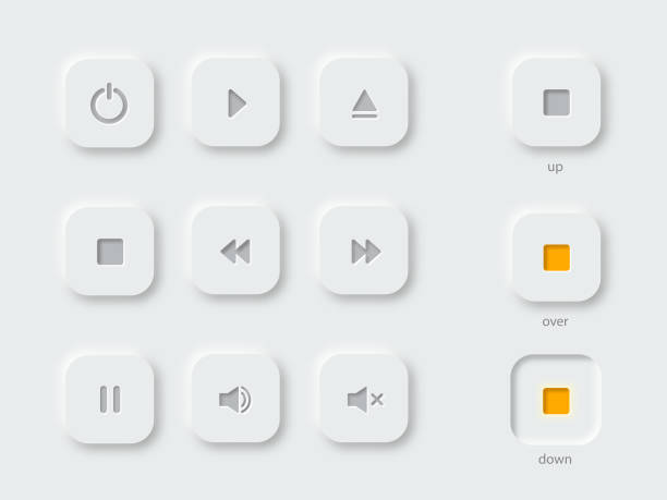 Multimedia symbols and audio, music speaker volume icons Multimedia symbols and audio, music speaker volume icons. White color simplycity buttons. Neumorphic design resting stock illustrations