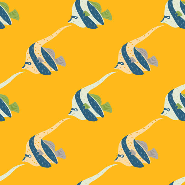ilustrações de stock, clip art, desenhos animados e ícones de underwater tropic seamless pattern with blue colored imperial angelfish ornament. yellow background. - imperial angelfish