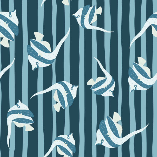 ilustrações de stock, clip art, desenhos animados e ícones de random abstract seamless pattern with hand drawn imperial angelfish ornament. striped background. - imperial angelfish