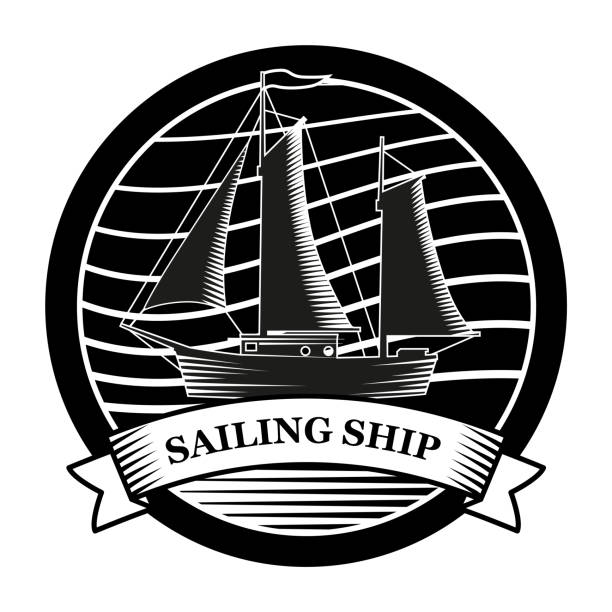 ilustrações, clipart, desenhos animados e ícones de emblema vintage do veleiro logo. antigo ícone da marinha da ilustração vetorial retrô retrô - etching sailing ship passenger ship sea