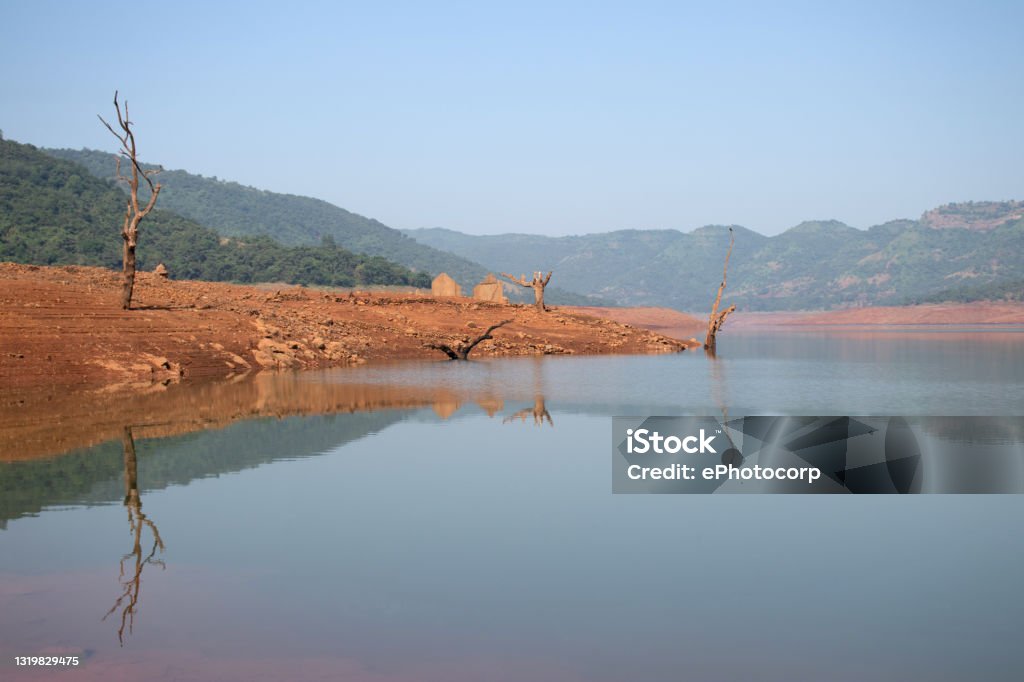 Mulshi Backwaters Landscape on a bright sunny day, Mulshi, Maharshtra , India Rainy Season Stock Photo