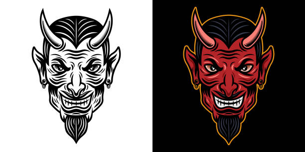 illustrations, cliparts, dessins animés et icônes de tête de diable dans deux modèles noirs sur le blanc et coloré sur l’illustration foncée de vecteur de fond - satanic