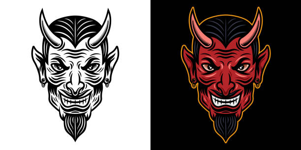 illustrazioni stock, clip art, cartoni animati e icone di tendenza di testa del diavolo in due stili nero su bianco e colorato su sfondo scuro illustrazione vettoriale - devil