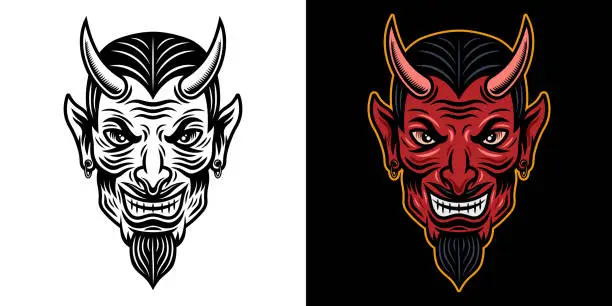 Vector illustration of Devil head in two styles black on white and colorful on dark background vector illustration