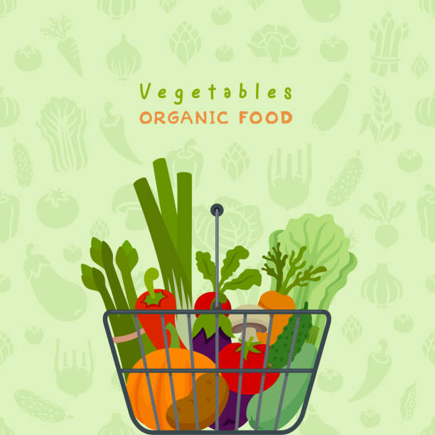 Fresh and organic vegetables in shopping basket. Grocery shopping food concept. Fresh and organic vegetables in shopping basket. Grocery shopping food concept. carrot symbol food broccoli stock illustrations
