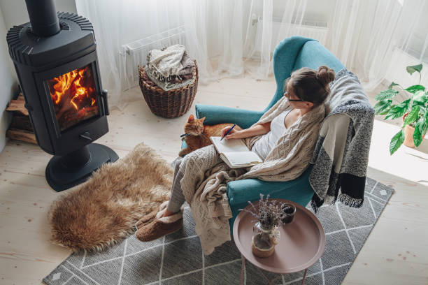 Young woman write in a notebook sitting in a armchair by the fi Young woman write in a notebook sitting in a cozy armchair by the fireplace with a domestic cat wood burning stove stock pictures, royalty-free photos & images