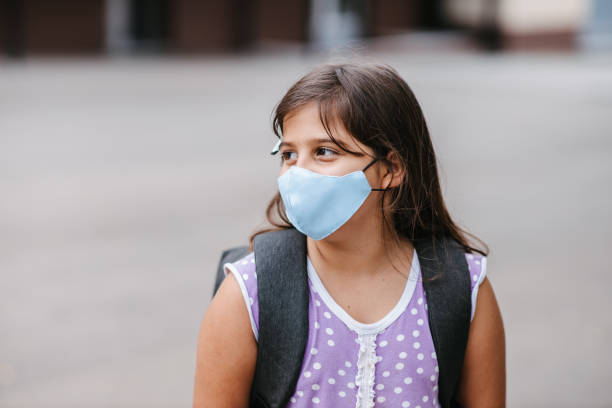 istock Schoolgirl wearing a mask and a backpack in the schoolyard 1319832002