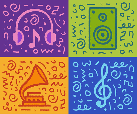 Hand-drawn pop art style digital music icons. Personalize social media posts and stories, branding, and packaging with editable strokes to change the lines' size and add colors if needed.