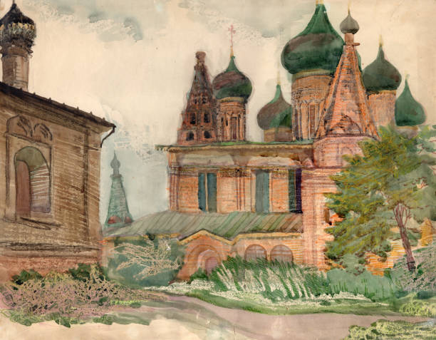 akwarela krajobraz z 17 wieku kościół w tradycyjnym starożytnym stylu architektonicznym z kopułami w kształcie cebuli w mieście jarosław, rosja. kolorowa ilustracja, technika malowania mieszanego - yaroslavl russia religion church stock illustrations