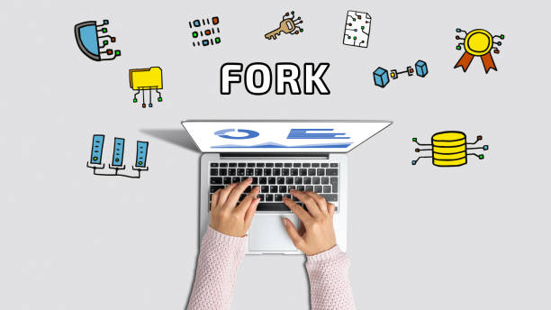 istock Concept fork or changing the code of the coin and the algorithm of its blockchain operation with abstract icons. 1319835248
