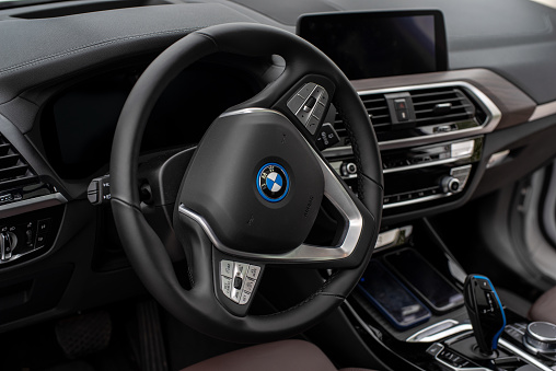 Tallinn, Estonia - May 20, 2021: New BMW iX3 electric car interior. Selective focus