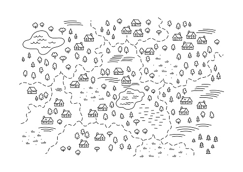 Locality Rural Drawing Village Locality Map Rural Areas Building And Trees Hand Drawn Sketch ...