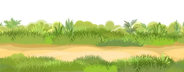 Vector illustration of Rural road to Green Glade. Summer meadow. Trail. Juicy grass close up. Grassland. Country trip. Isolated. Cartoon style. Flat design. Seamless illustration vector art