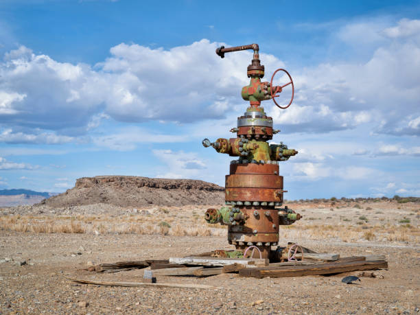 cabeza de pozo de aceite con numerosas válvulas - pozo de petróleo fotografías e imágenes de stock