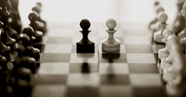 두 개의 체스 조각은 폰입니다 : 검은 색과 흰색. 체스판에 나무 체스 조각. - chess defending chess piece chess board 뉴스 사진 이미지