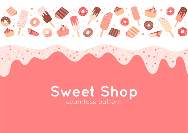 도넛, 컵케이크, 아이스크림, 뿌리와 테두리. 핑크 파스텔 색상의 달콤한 음식과 매끄러운 패턴. - backgrounds candy ice cream dessert stock illustrations