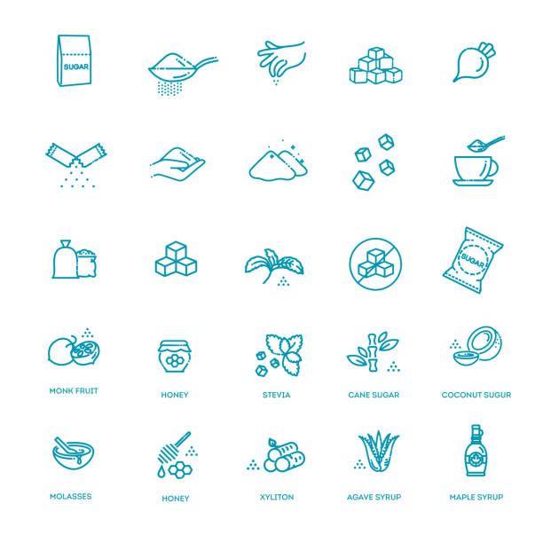 Collection symbol of healthy products and sugar alternatives, natural substitutes Icons for natural and organic products. Sugar icon set in thin line style sugar cube stock illustrations