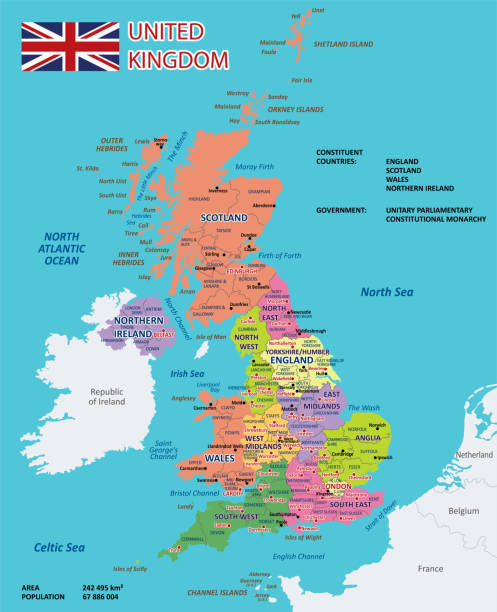 영국의 정치 및 행정 벡터 지도 - uk map british flag england stock illustrations