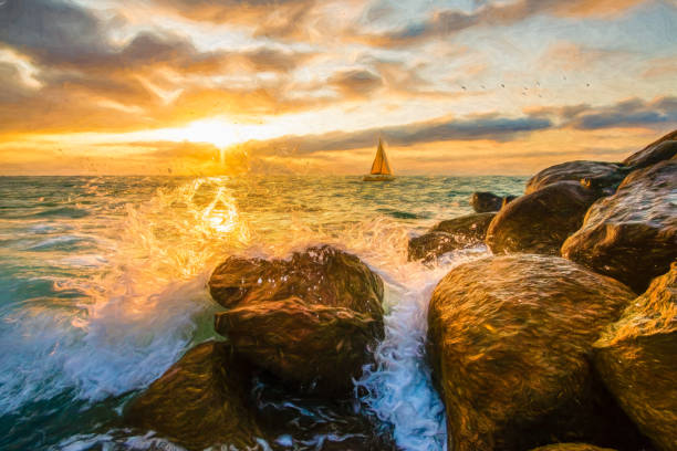 istock Sunset Ocean Sailboat Painting 1319845880